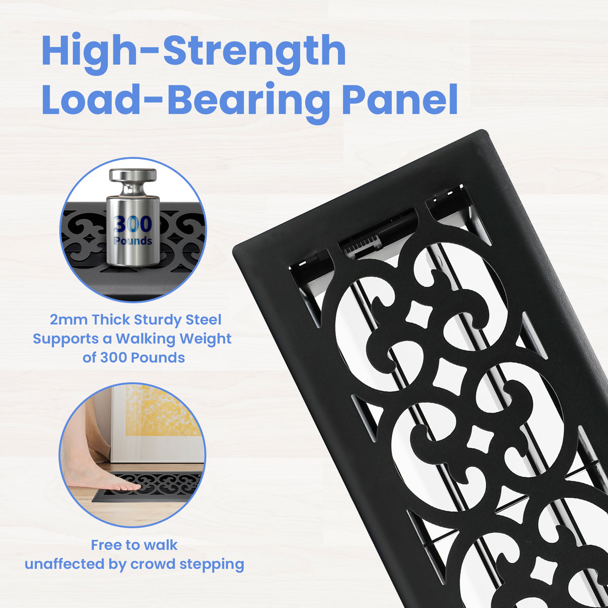 4x12 Inches Heavy Duty Walkable Floor Register Easy Adjust Air Supply Lever Floor Vents - Charlotte Design - Vent Cover for Home Floor - Matte Black