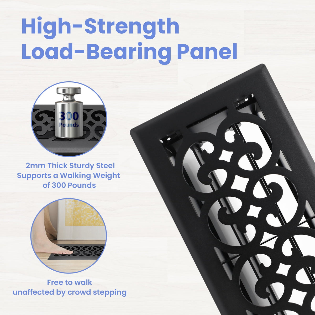 4x10 Inches 6 Pack Heavy Duty Walkable Floor Register - Easy Adjust Air Supply Lever Decorative Floor Vent Covers, Charlotte Design Vent Covers for Home - Matte Black