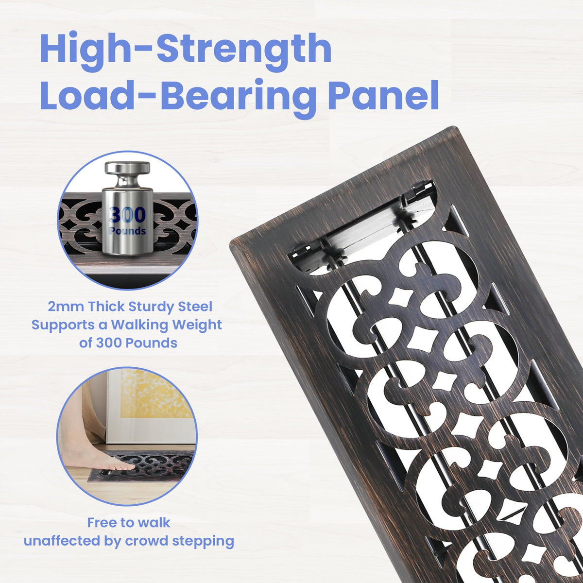 4x14 Inches 2 Pack Heavy Duty Walkable Floor Register Easy Adjust Air Supply Lever Floor Vents - Charlotte Design - Vent Cover for Home Floor - Oil Rubbed Bronze
