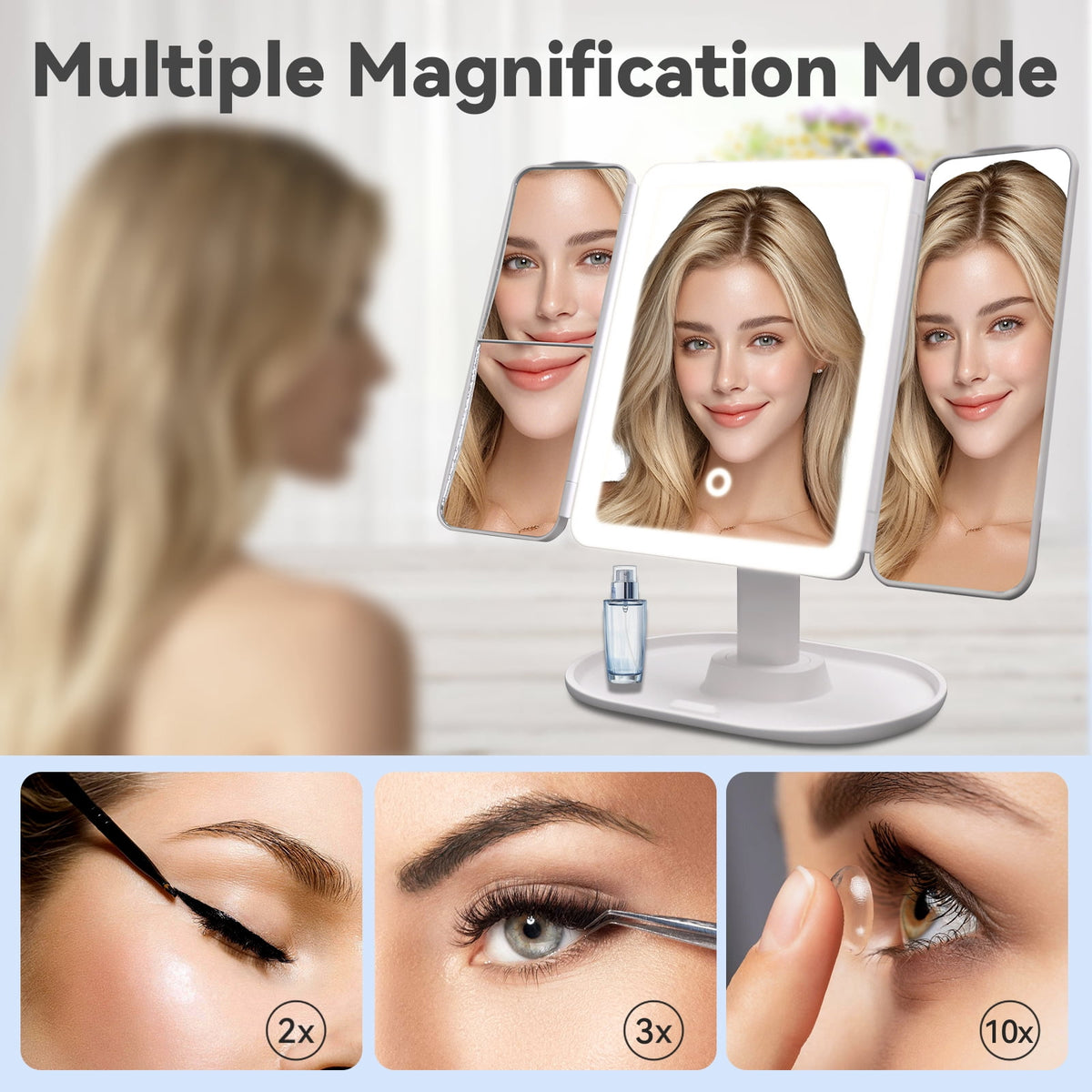 Smart Makeup Mirror with Lights - 2X/3X/10X magnification, smart sensor, adjustable brightness & stand, Type-C fast charging (3 colors). Perfect gift for women & girls.
