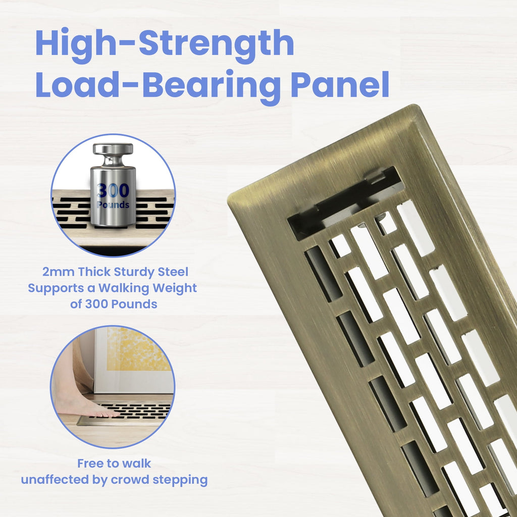 2x12 Inches Heavy Duty Walkable Floor Register - Easy Adjust Air Supply Lever Decorative Floor Vent Covers - Boston Design Vent Covers for Home - Antique Brass