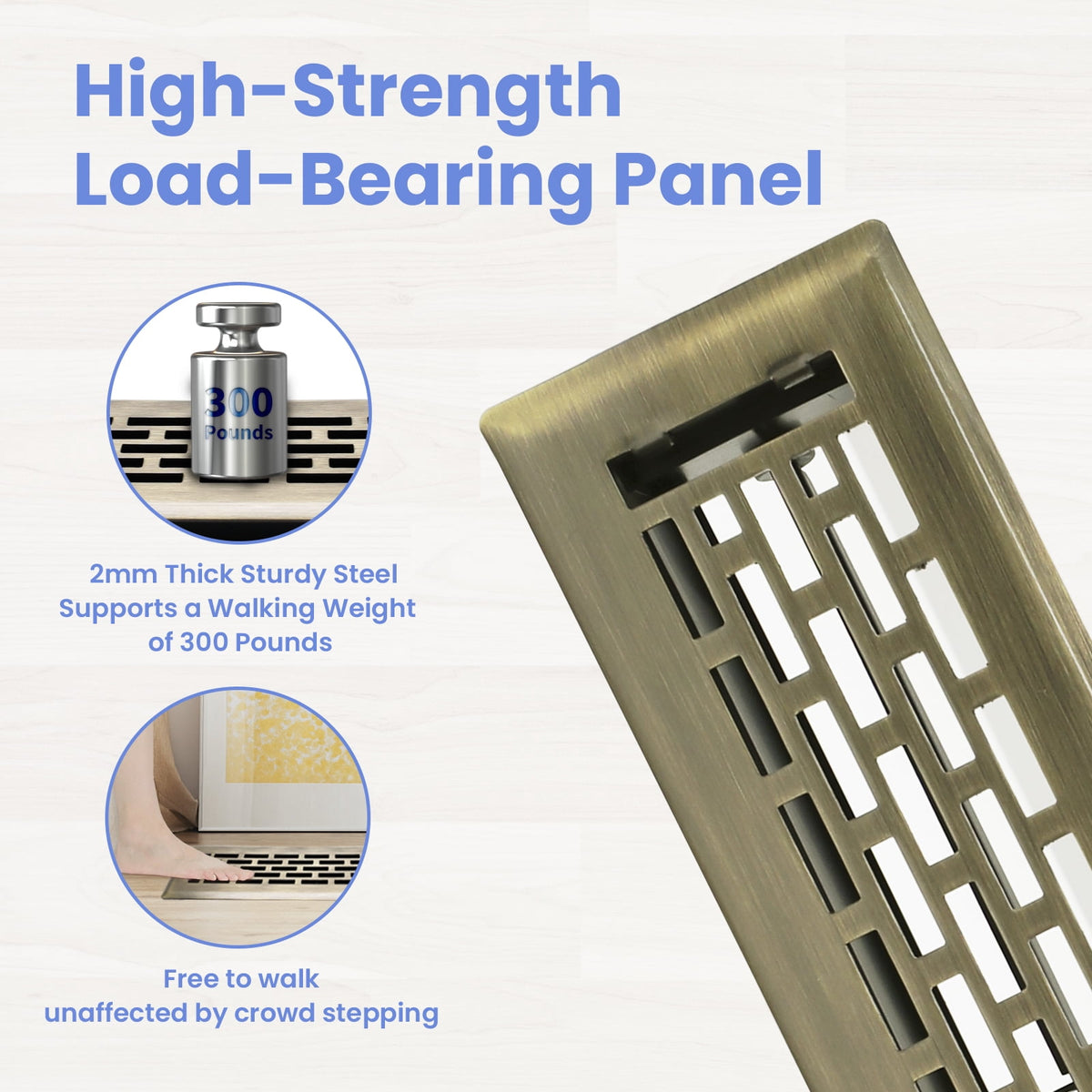 2x12 Inches Heavy Duty Walkable Floor Register - Easy Adjust Air Supply Lever Decorative Floor Vent Covers - Boston Design Vent Covers for Home - Antique Brass
