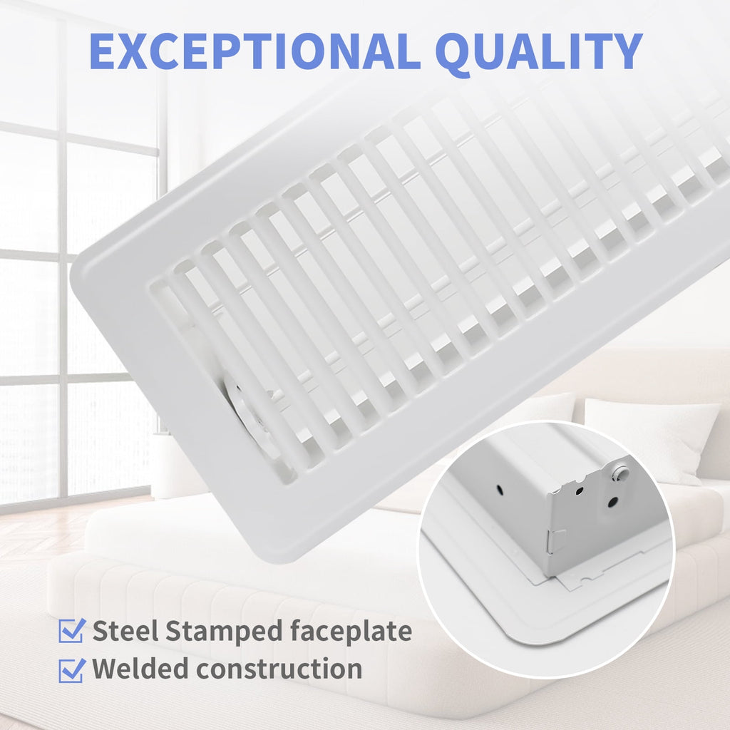 COZZIVITA 4x14 Inch Floor Register - Heavy Duty Steel Walkable Floor Vents - Easy Adjust Air Supply Lever - Vent Covers for Home (White)