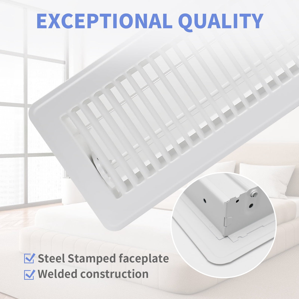 COZZIVITA 4x14 Inch Floor Register - Heavy Duty Steel Walkable Floor Vents - Easy Adjust Air Supply Lever - Vent Covers for Home (White)