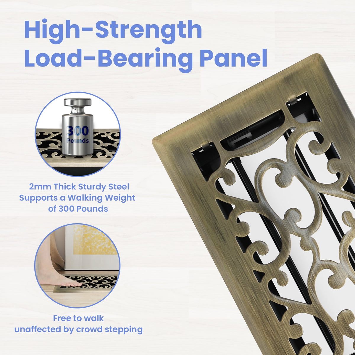 4x14 Inches B Pack Heavy Duty Walkable Floor Register Easy Adjust Air Supply Lever Floor Vents - Savannah Design - Vent Cover for Home Floor - Antique Brass